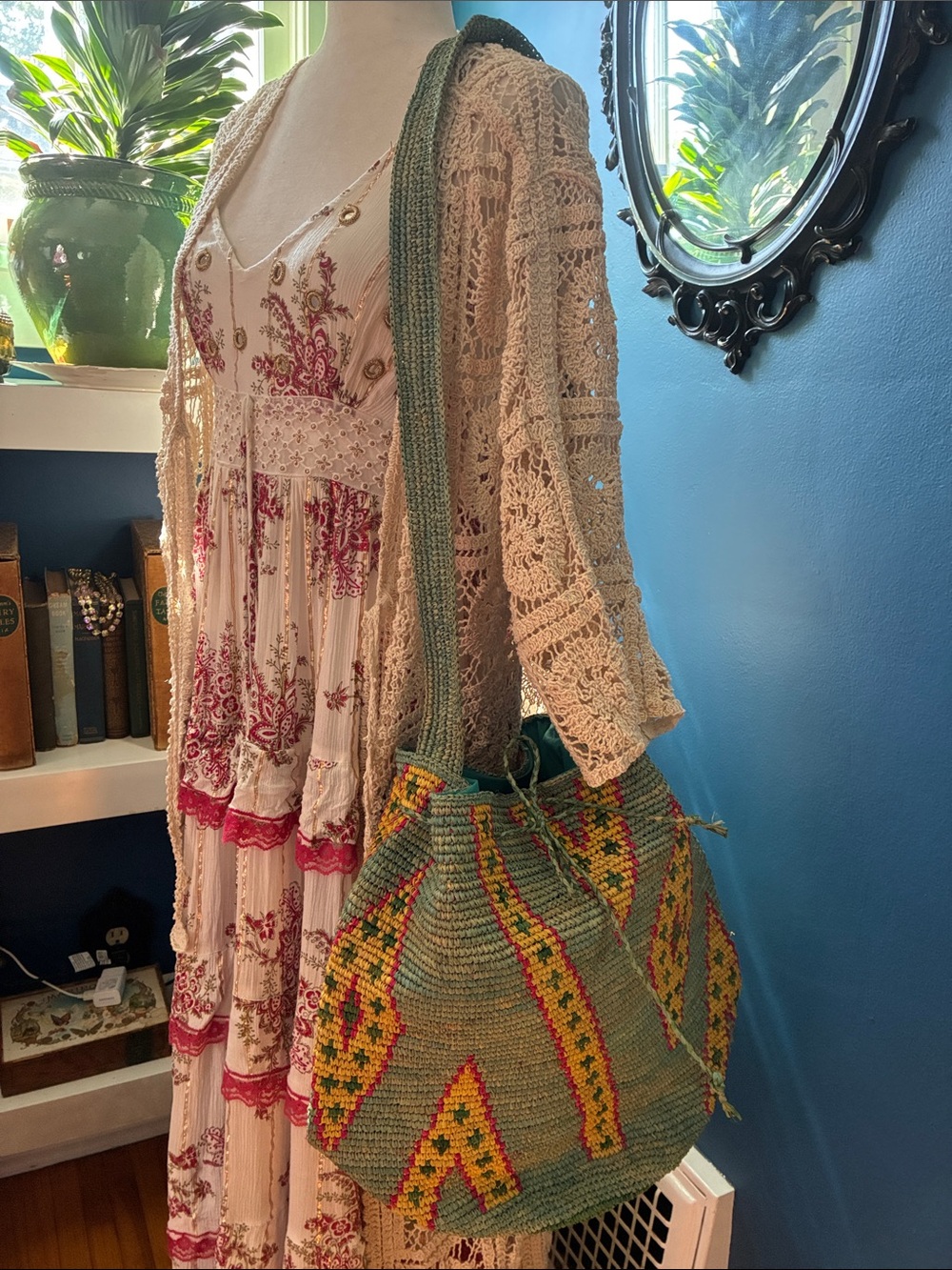 Lovestitch Handwoven Teal Shoulder Bag with Yellow & Pink Diamond Accents